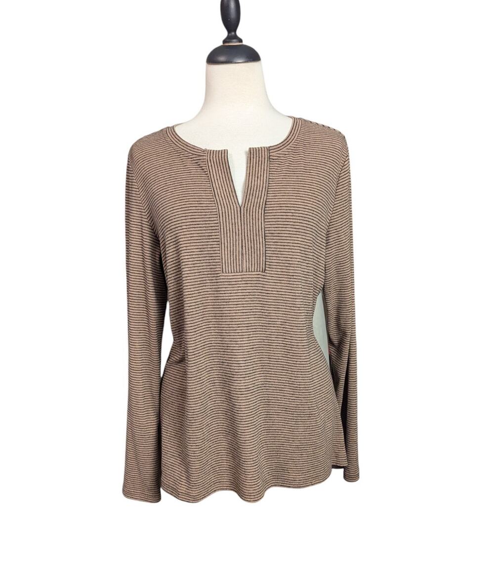 Cotton Bleu Med Tan & Black Striped Long Sleeve Cozy Tunic Blouse Split Neckline